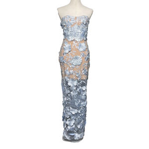 NWT Innovare Denim 3D Floral Lace Strapless Maxi Dress L Sheer Overlay Lt Blue